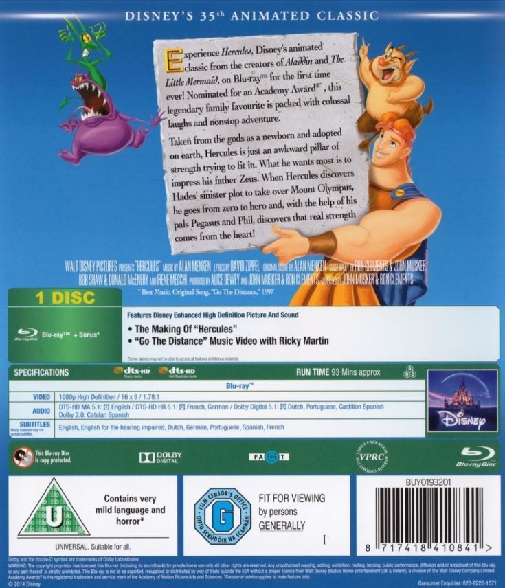 HERCULES (1997) Blu-Ray with slipcover Disney BRAND NEW