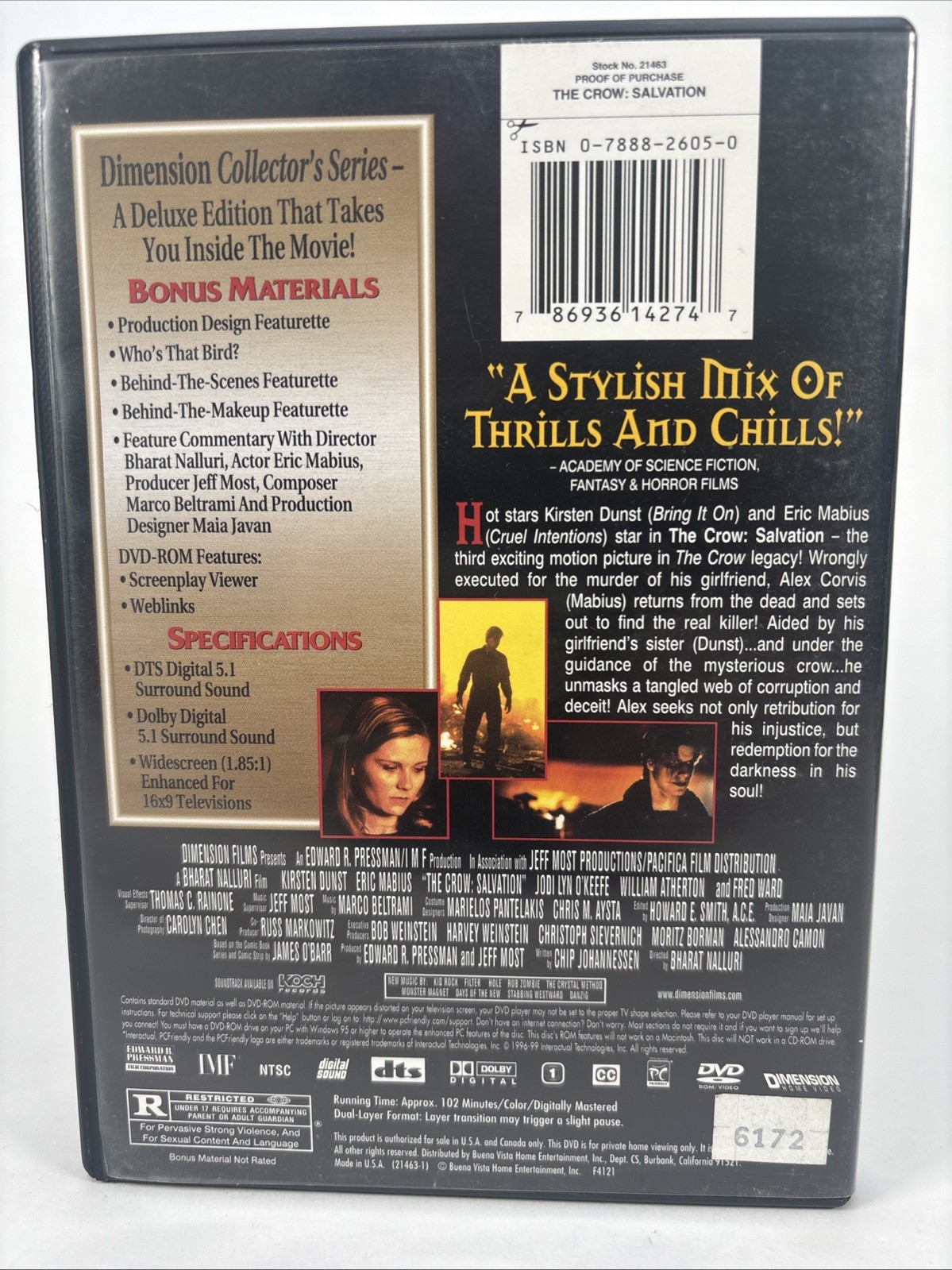 The Crow: Salvation (2000) DVD 102m R Dimension Kirstin Dunst, Eric Mabius