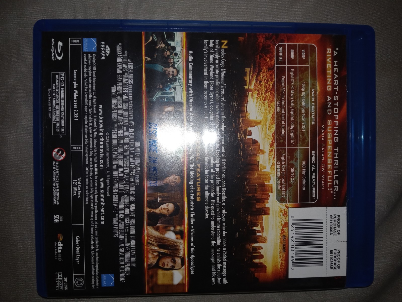 Summit Knowing Blu-ray Widescreen Nicolas Cage Alex Proyas PG-13 2009 121 Min