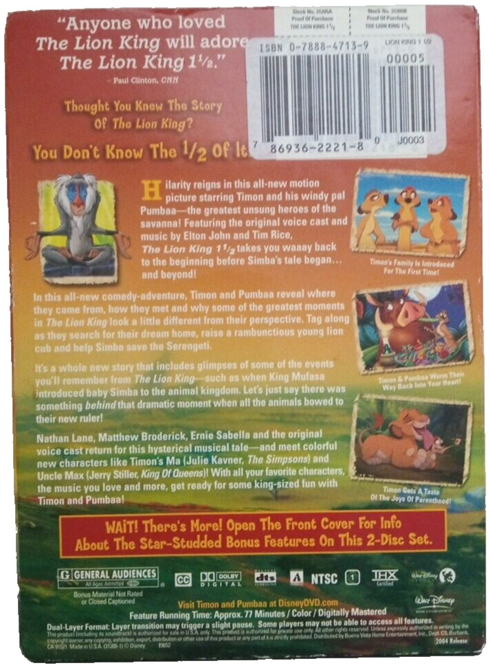 The Lion King 1 1/2, Two DVD Set, Walt Disney, Plus Bonus Features, 2004, 77 Min