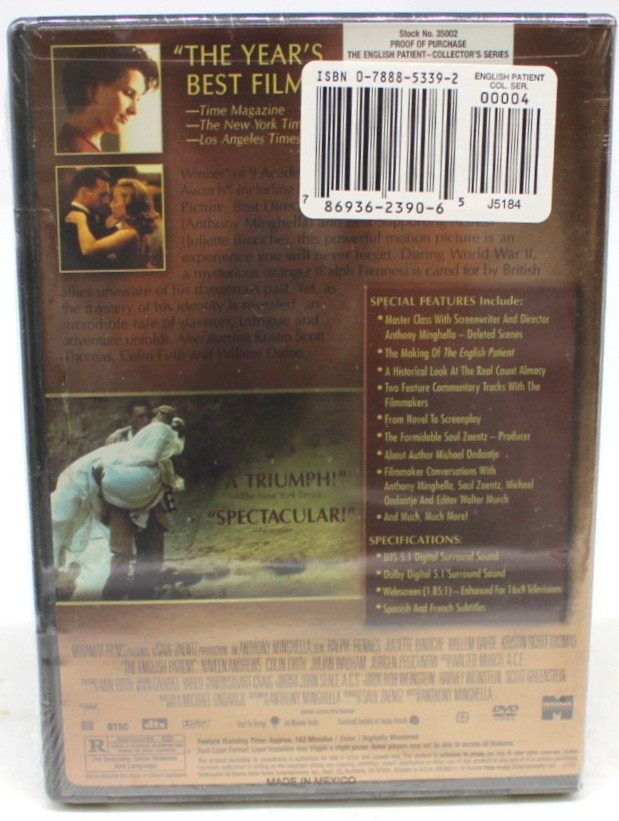 The English Patient Movie DVD 2 Discs Ralph Fiennes Juliette Binoche 1996