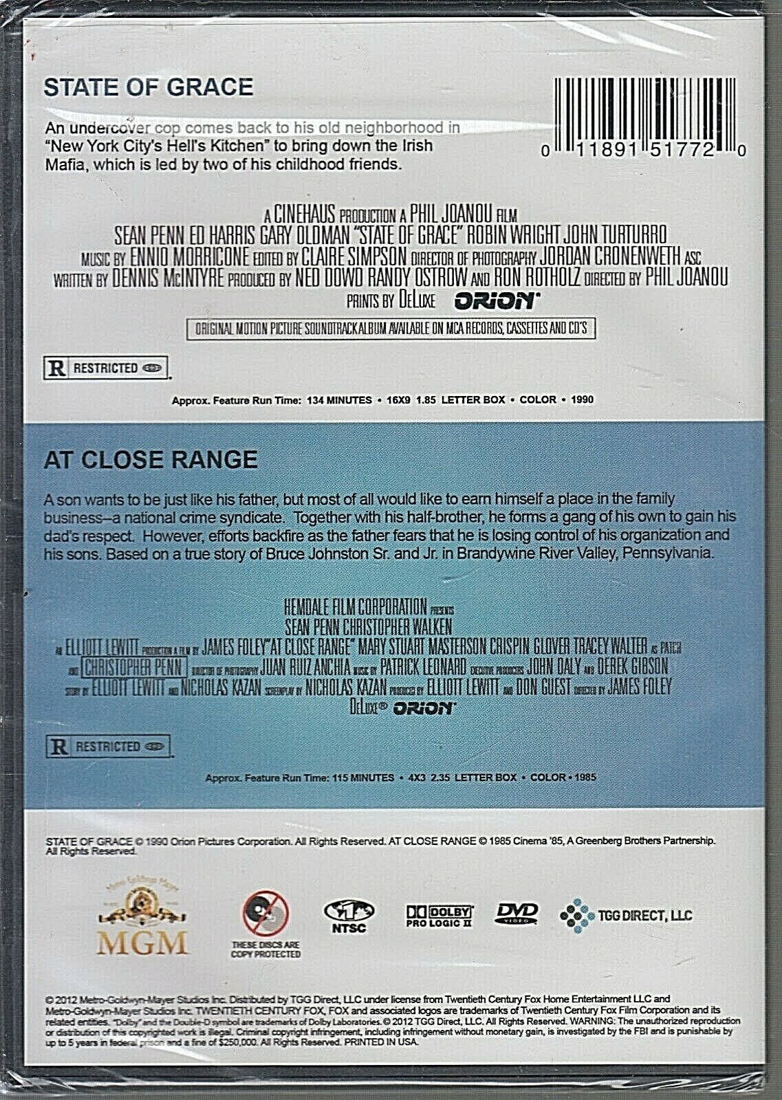 State of Grace 1985 / At Close Range 1990 (DVD, 2012) SEAN PENN [P4]