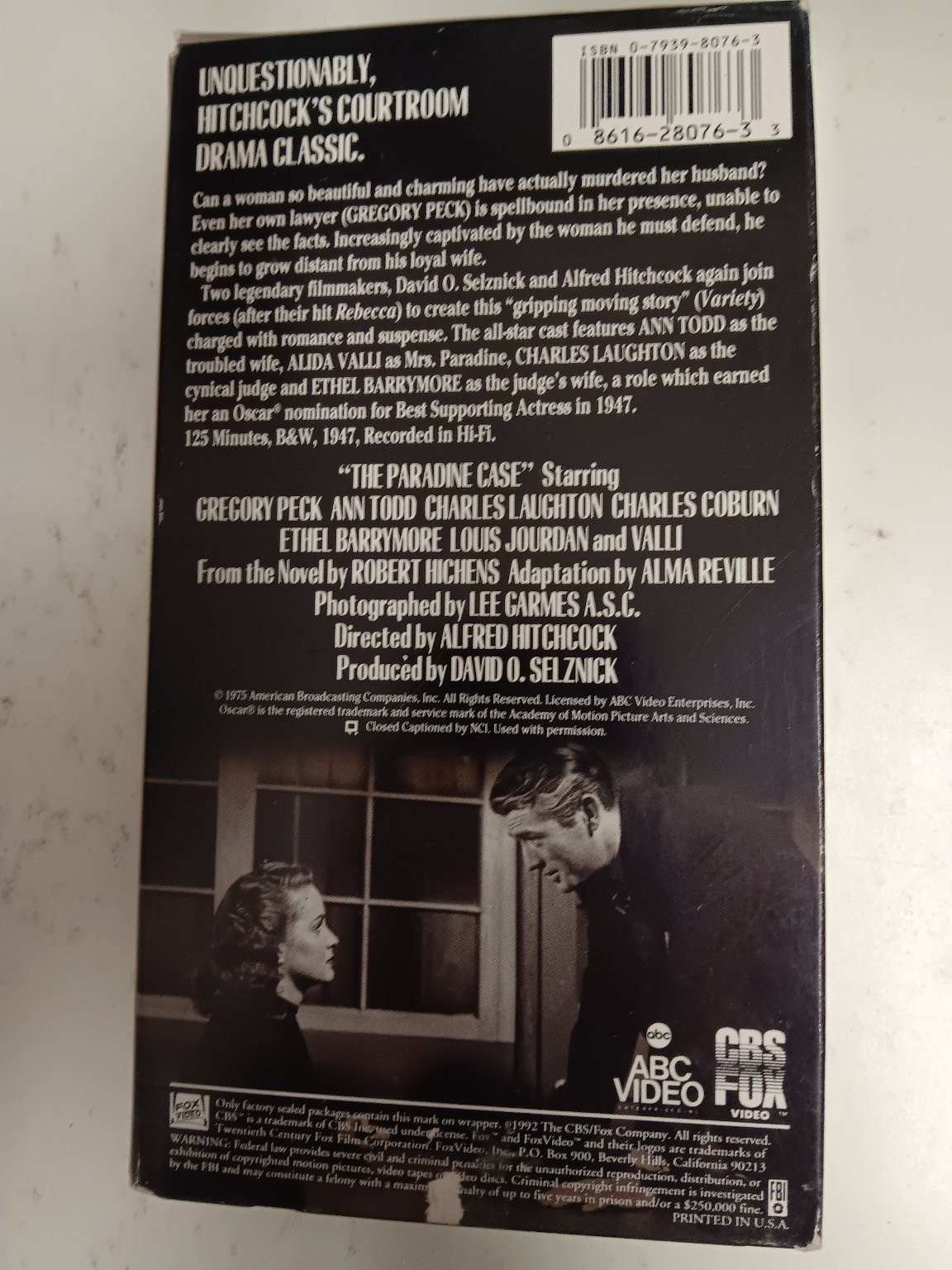 The Paradine Case VHS 1947 Hitchcock Courtroom Drama Gregory Peck CBS Fox Video