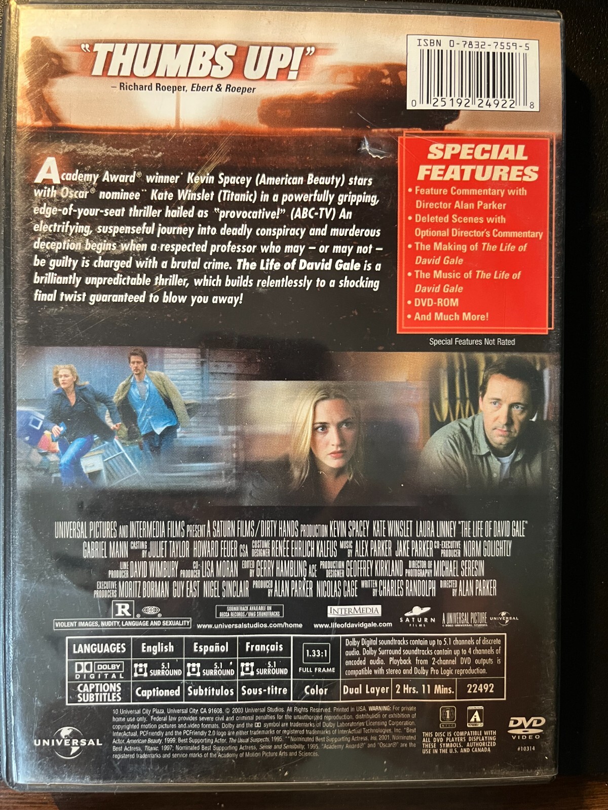The Life of David Gale DVD 2003 FS *OR WS Kevin Spacey Kate Winslet Laura Linney