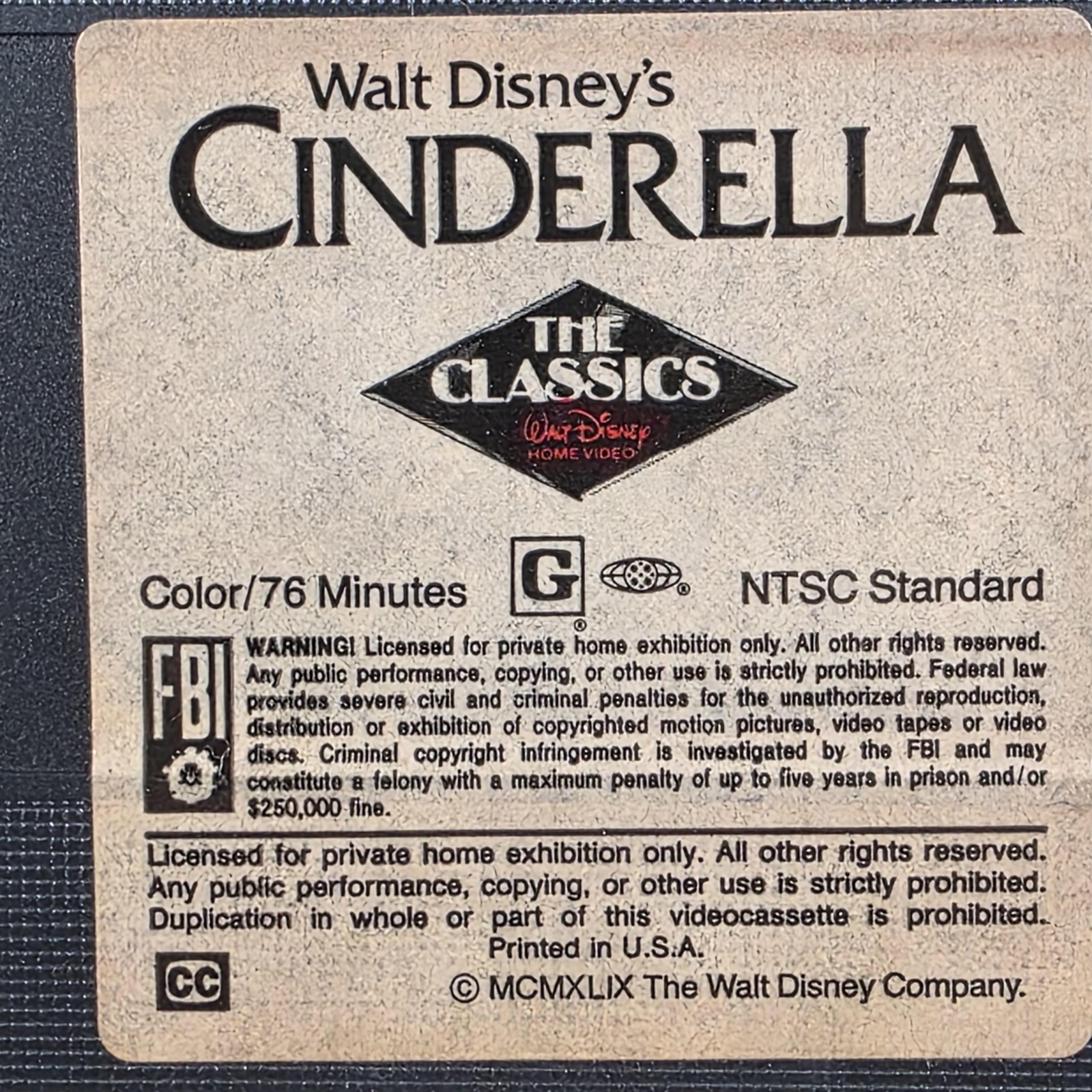 Vintage Walt Disney Cinderella VHS Tape The Classics Animated Movie Kids 76 Min