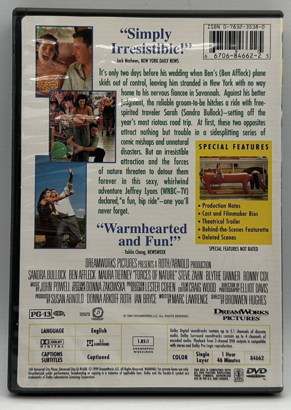 Forces Of Nature DVD Sandra Bullock Ben Affleck Ronny Cox Free Shipping 1999
