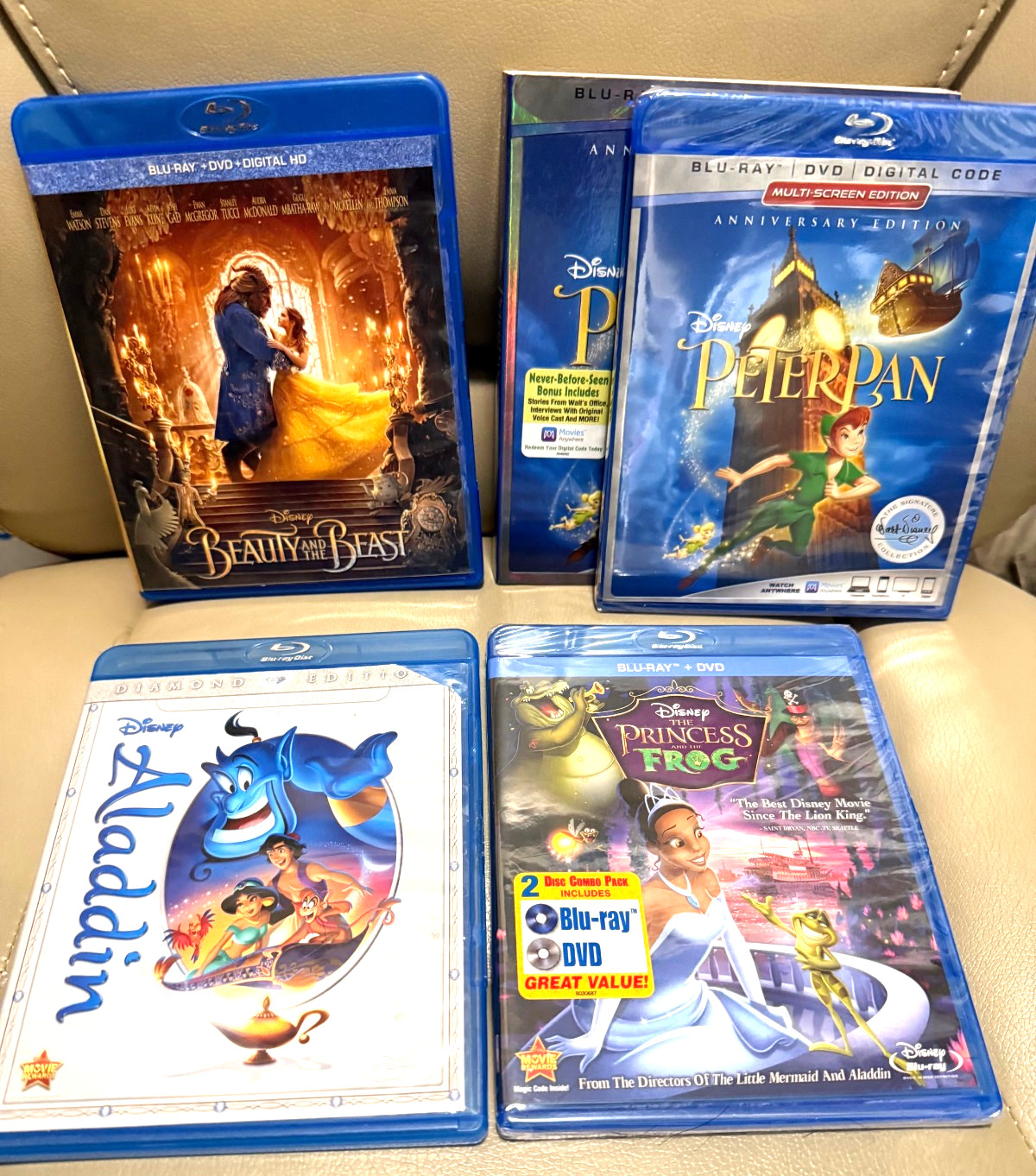 Disney Movie Lot 4 Titles Peter Pan Princess & Frog Aladdin Beauty and the Beast