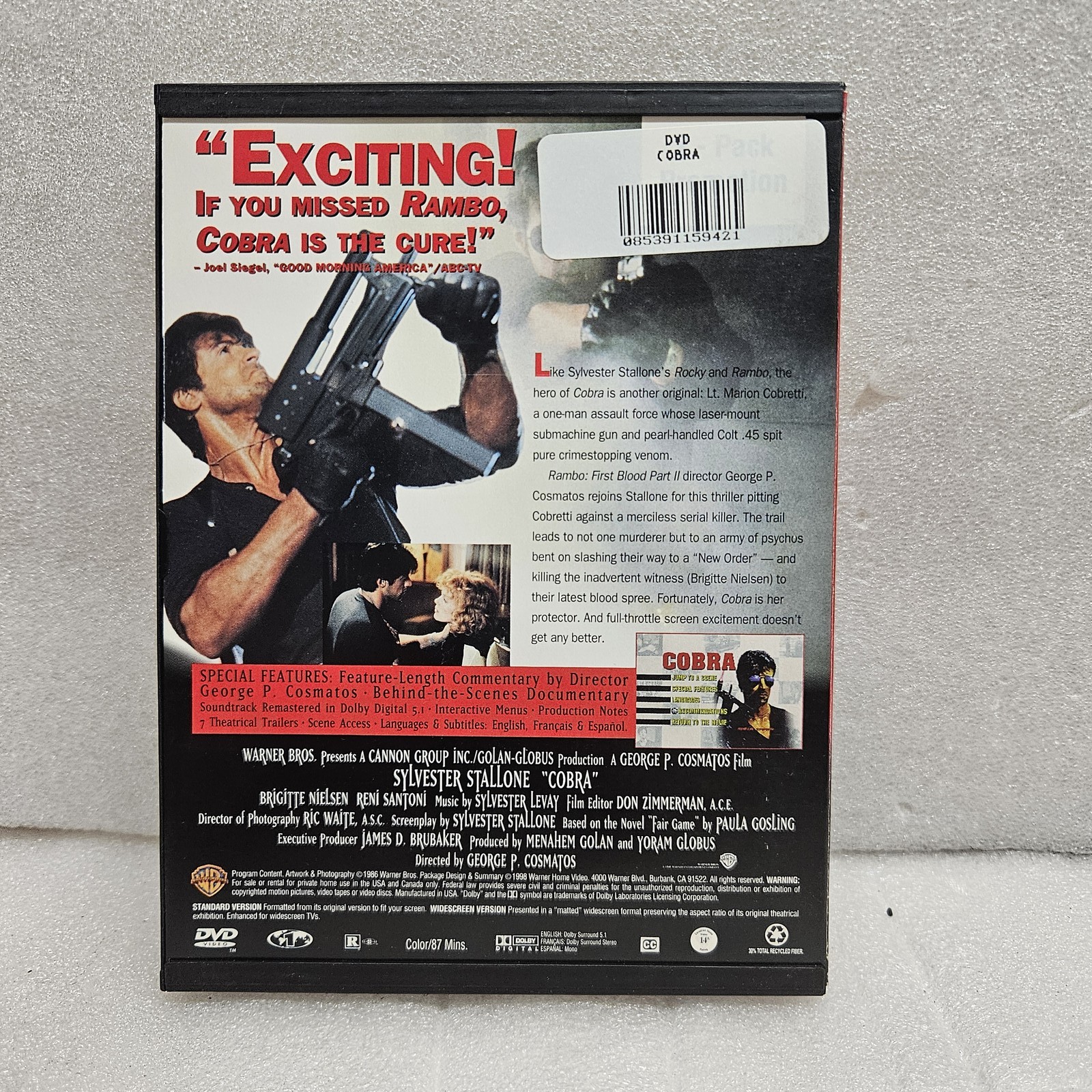 Cobra DVD Sylvester Stallone Action Crime Thriller 1986 George P. Cosmatos R1