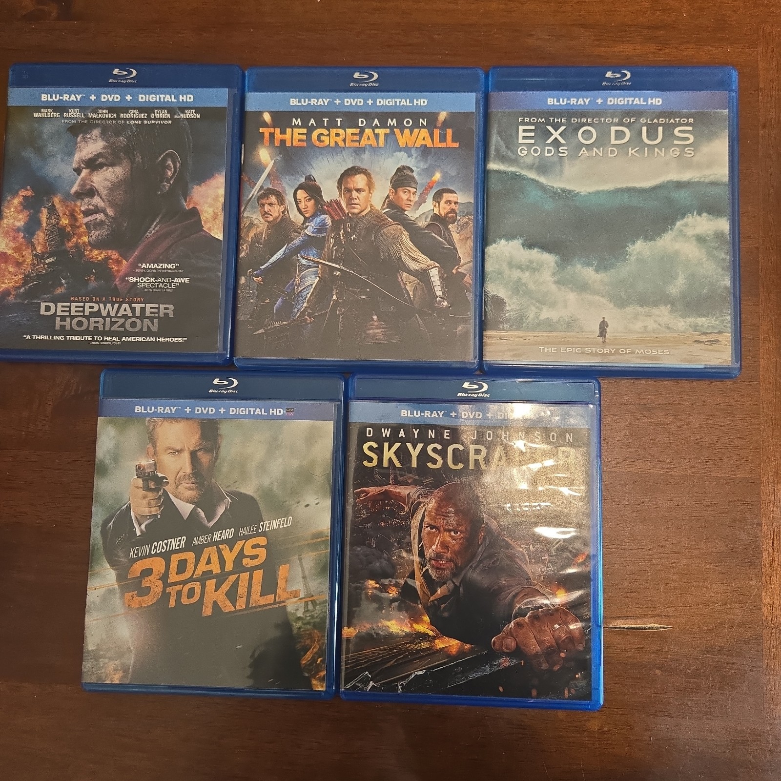 5 Blu-ray Movie Bundle Lot Deepwater Horizon Great Wall Exodus 3 Days to Kill…