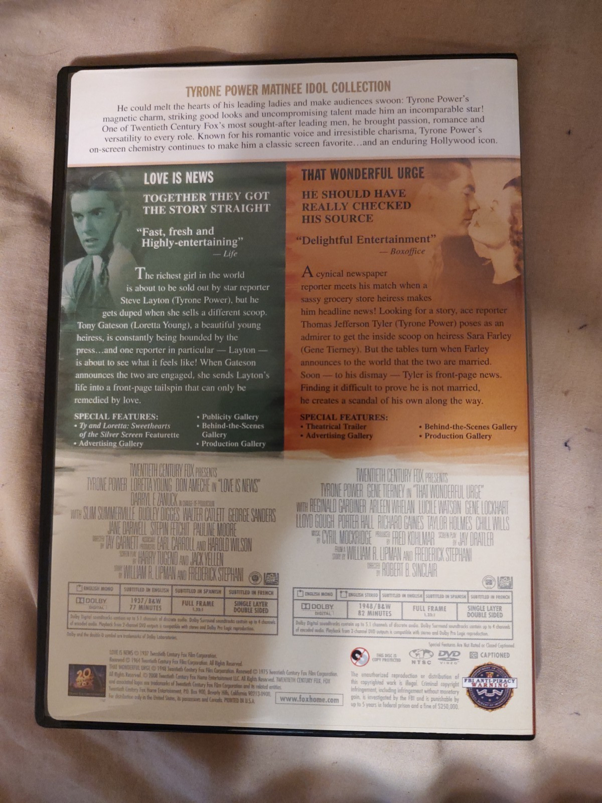 Love Is News 1937 / That Wonderful Urge 1948 Double Tyrone power Rare oop