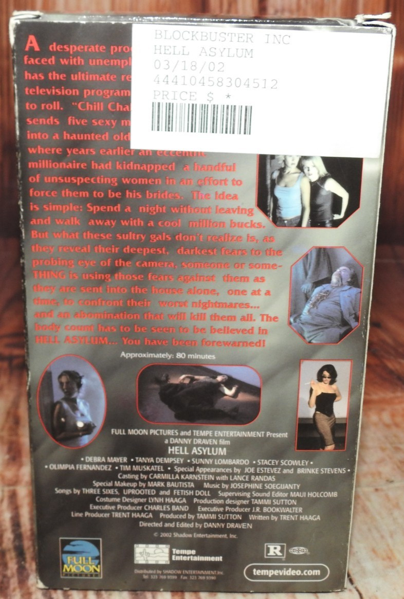 Hell Asylum VHS Tape (2002 Full Moon) with Protector Blockbuster Rental