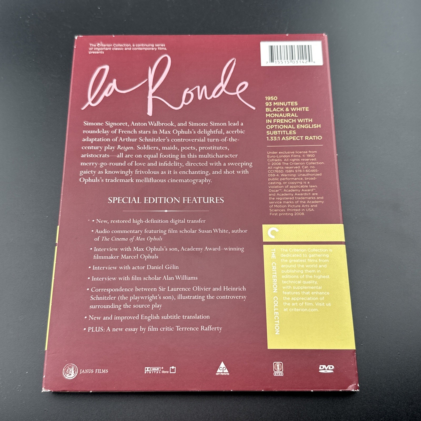 La Ronde (Criterion Collection DVD, 2008) W/ Slipcase & Booklet Max Ophul Tested