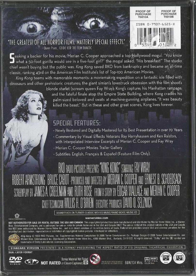 King Kong 1933 NEW DVD Fay Wray Cutout over UPC Code(see picture)