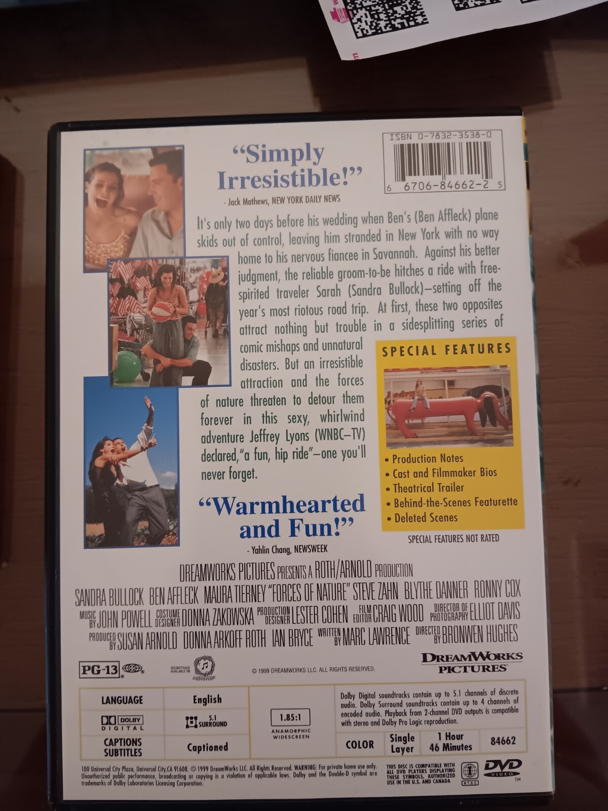 Forces of Nature DVD Sandra Bullock Ben Affleck Maura Tierney Steve Zahn 1999