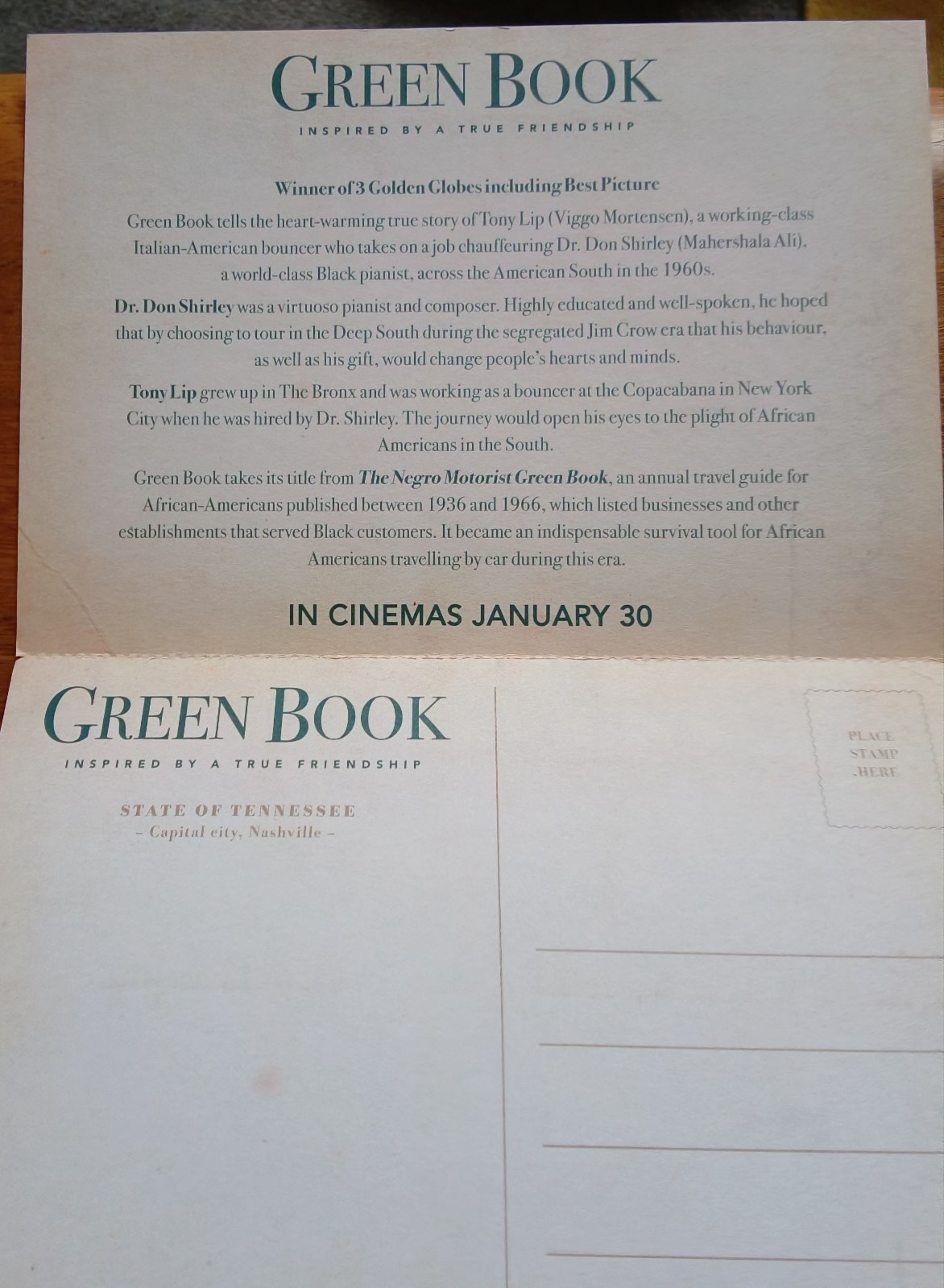 2 x Green Book Film – Promotional Postcards – Dr Don Shirley and Tony Lip