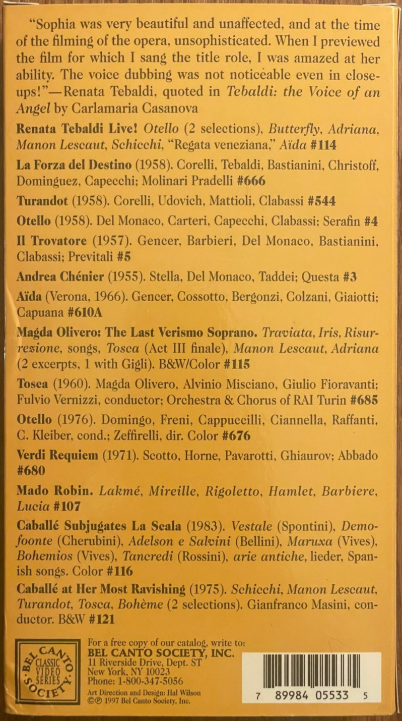 1997 Bel Canto Society: Voices of Tebaldi, Stignani, Bechi, Campora in Aida VHS