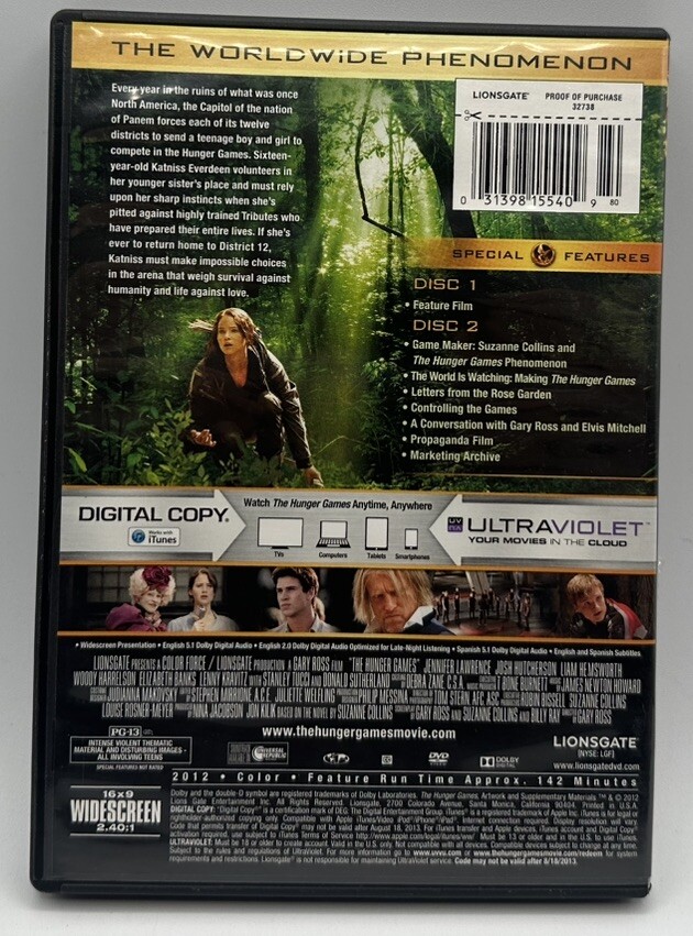 The Hunger Games DVD Widescreen 2 Disc Set 2012 Jennifer Lawrence Stanley Tucci