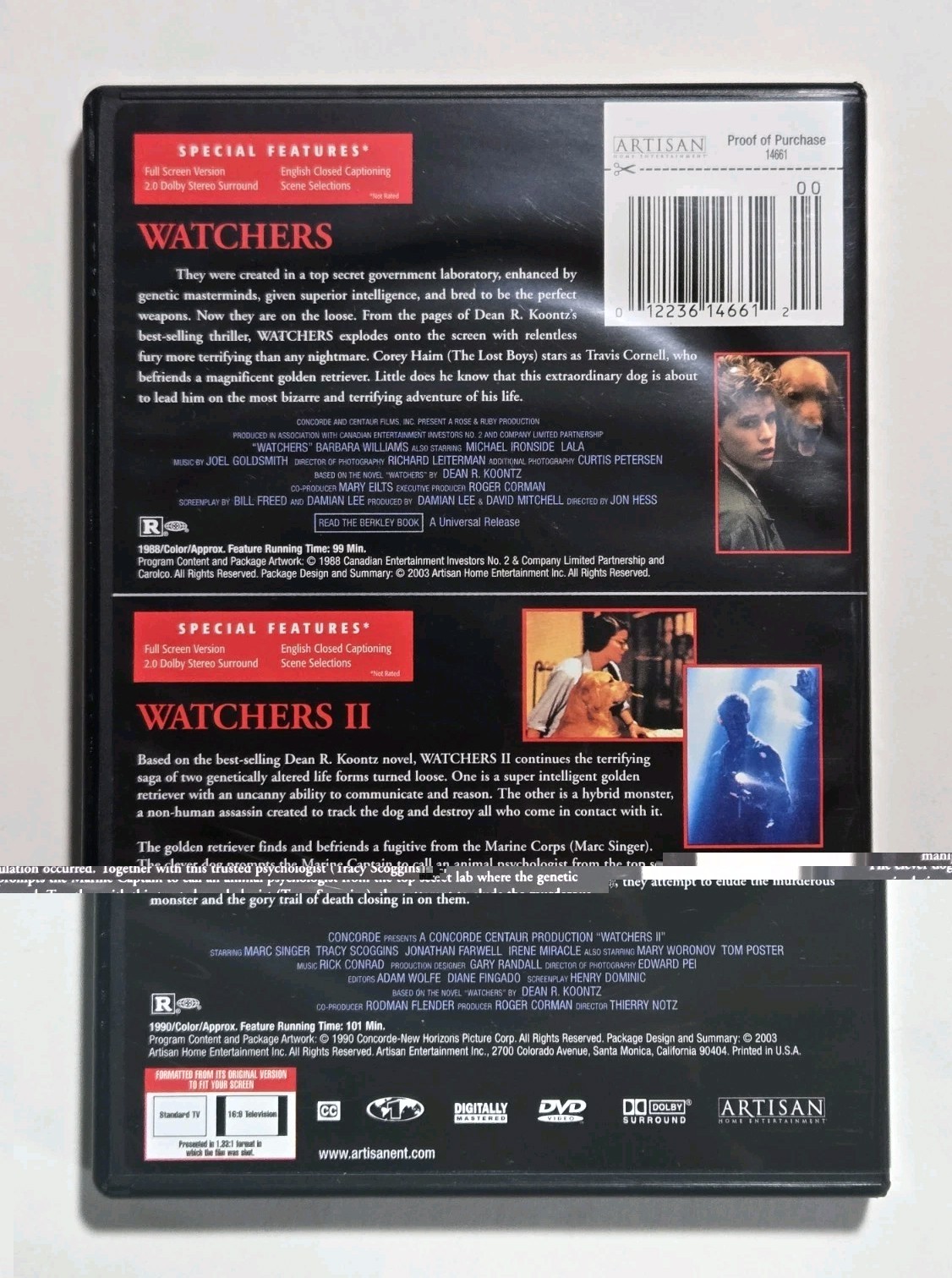 Watchers / Watchers 2 II DVD REGION 1 (2003) Corey Haim — VERY GOOD W/ INSERT