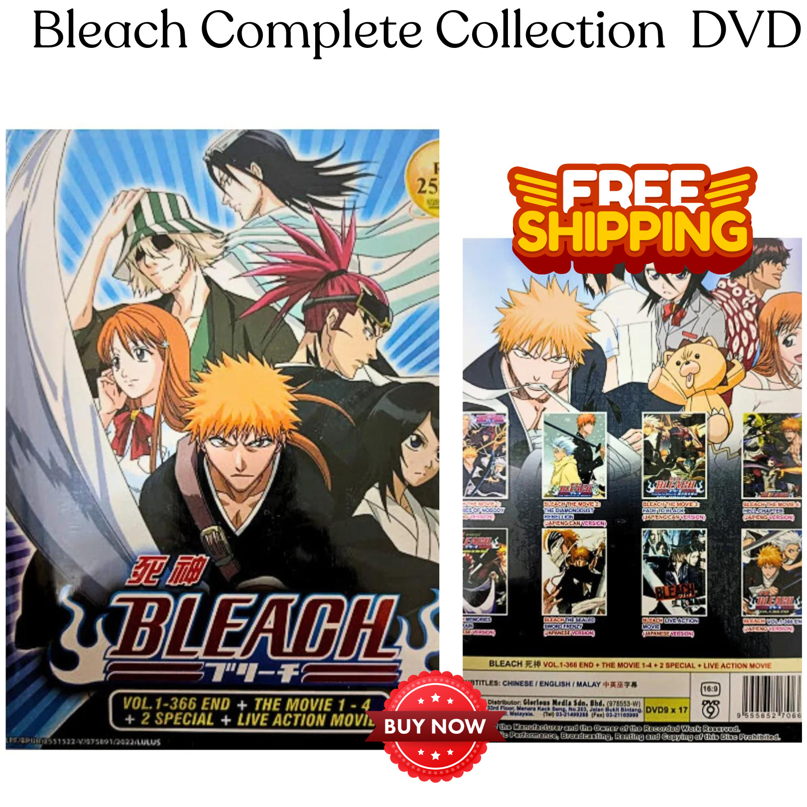 DVD Anime Bleach Collection Vol.1-366 END + 4 Movies + 2SP English Dubbed Subbed
