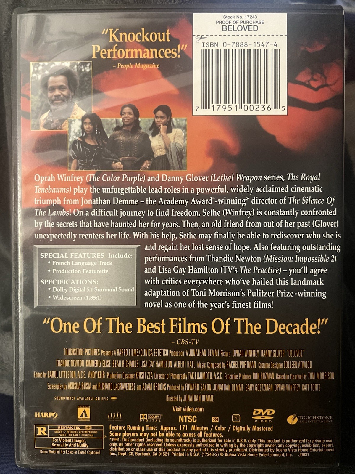 Jonathan Demme’s ‘Beloved’ (1998 DVD) Oprah Winfrey, Danny Glover, Albert Hall