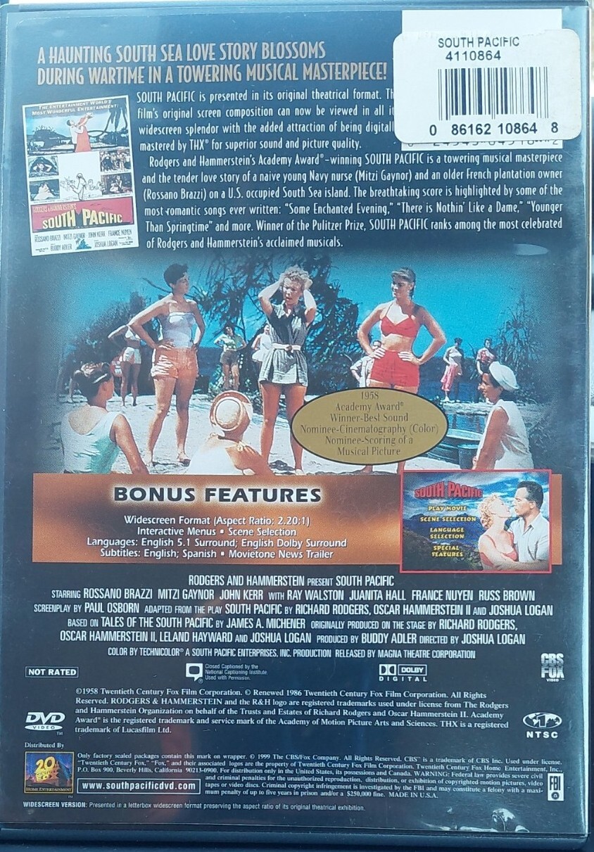 South Pacific 1958 (1999 20th Century Fox, DVD NR, Joshua Logan WS) Mitzi Gaynor