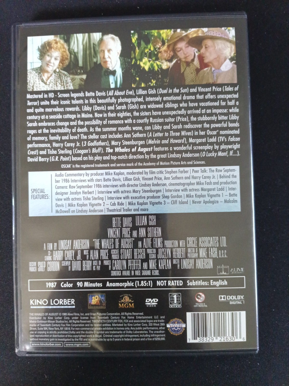 The Whales of August Bette Davis, Lillian Gish, Vincent Price, Ann Sothern DVD