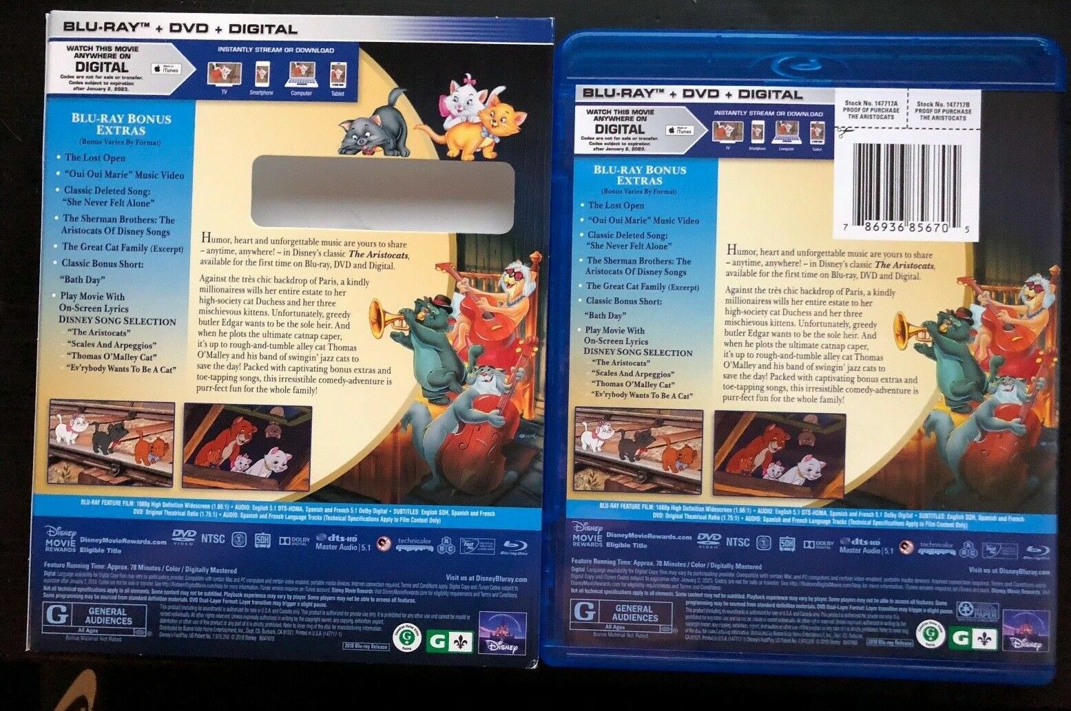 The Aristocats (Blu-ray / DVD, Digital Code) w/Slipcover New Free Shipping
