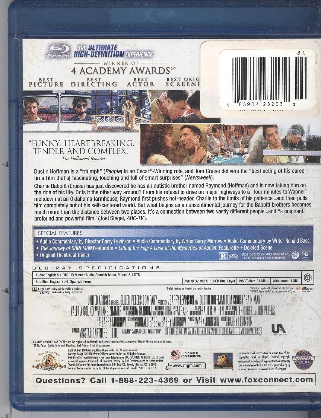 Rain Man (1988) Blu-ray A Tom Cruise Dustin Hoffman Valeria Golino Bonnie Hunt