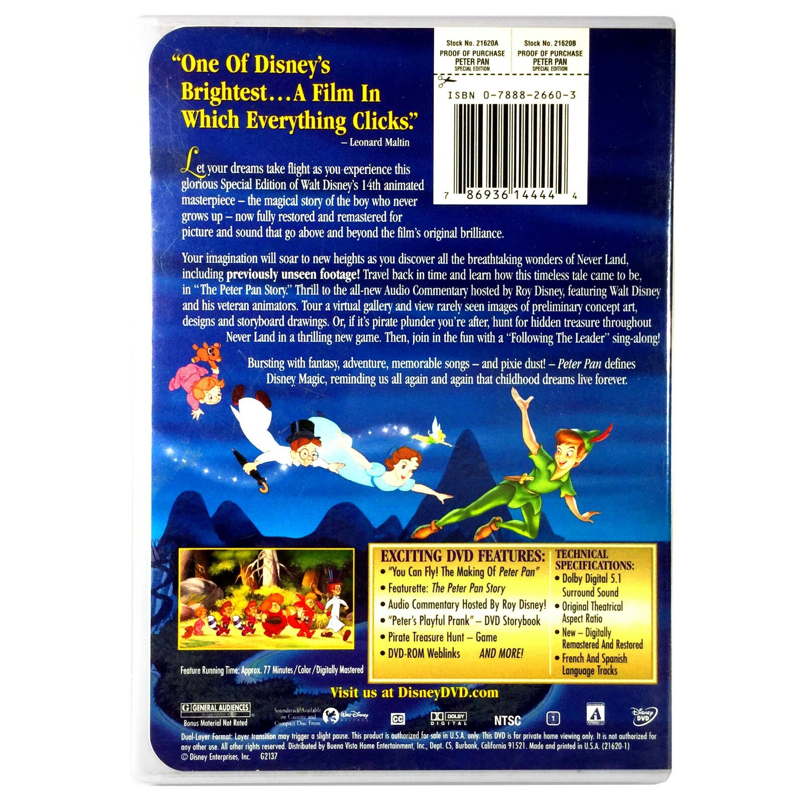 Walt Disney’s – Peter Pan (DVD, 1953, Special Full Screen Ed) Bobby Driscoll