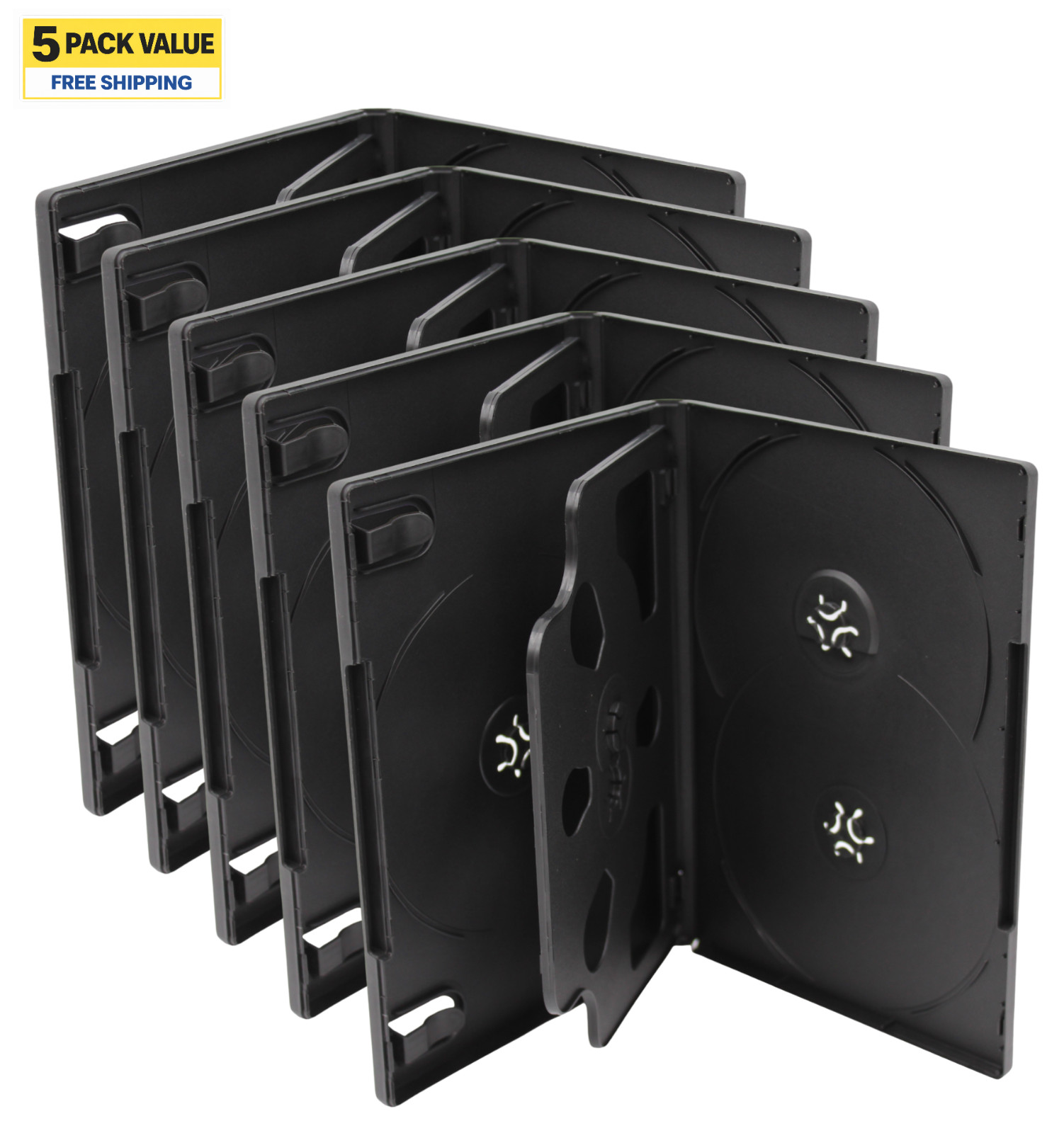 5 Pack Standard Black DVD Replacement Movie Cases 14mm 5 Disc With Clear Sleeve