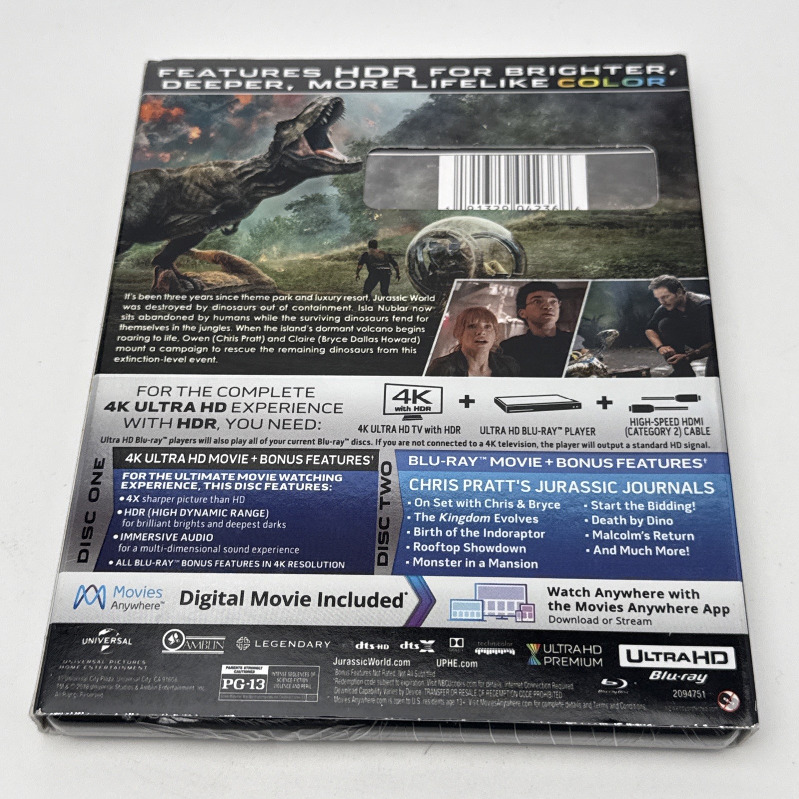 Jurassic World: Fallen Kingdom (2018) 4K Ultra HD Blu-ray 2-Disc w/SLIPCOVER