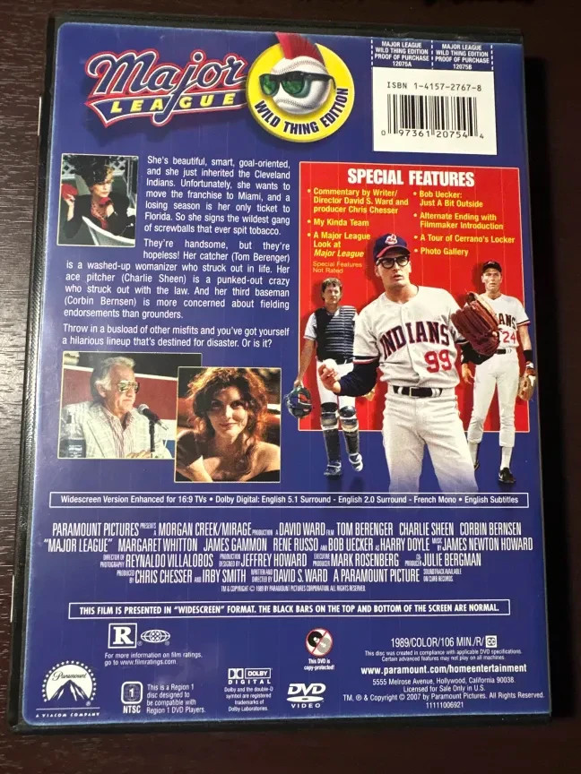 Major League DVD 1989/2007 Paramount Tom Berenger Charlie Sheen Corbin + Grass