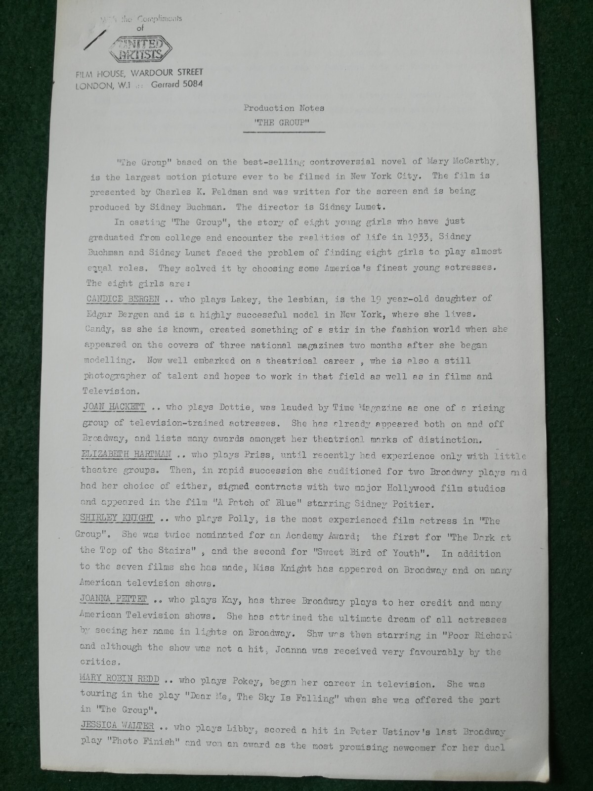 1966 Film ‘ The Group ‘ Cinema Production Notes.