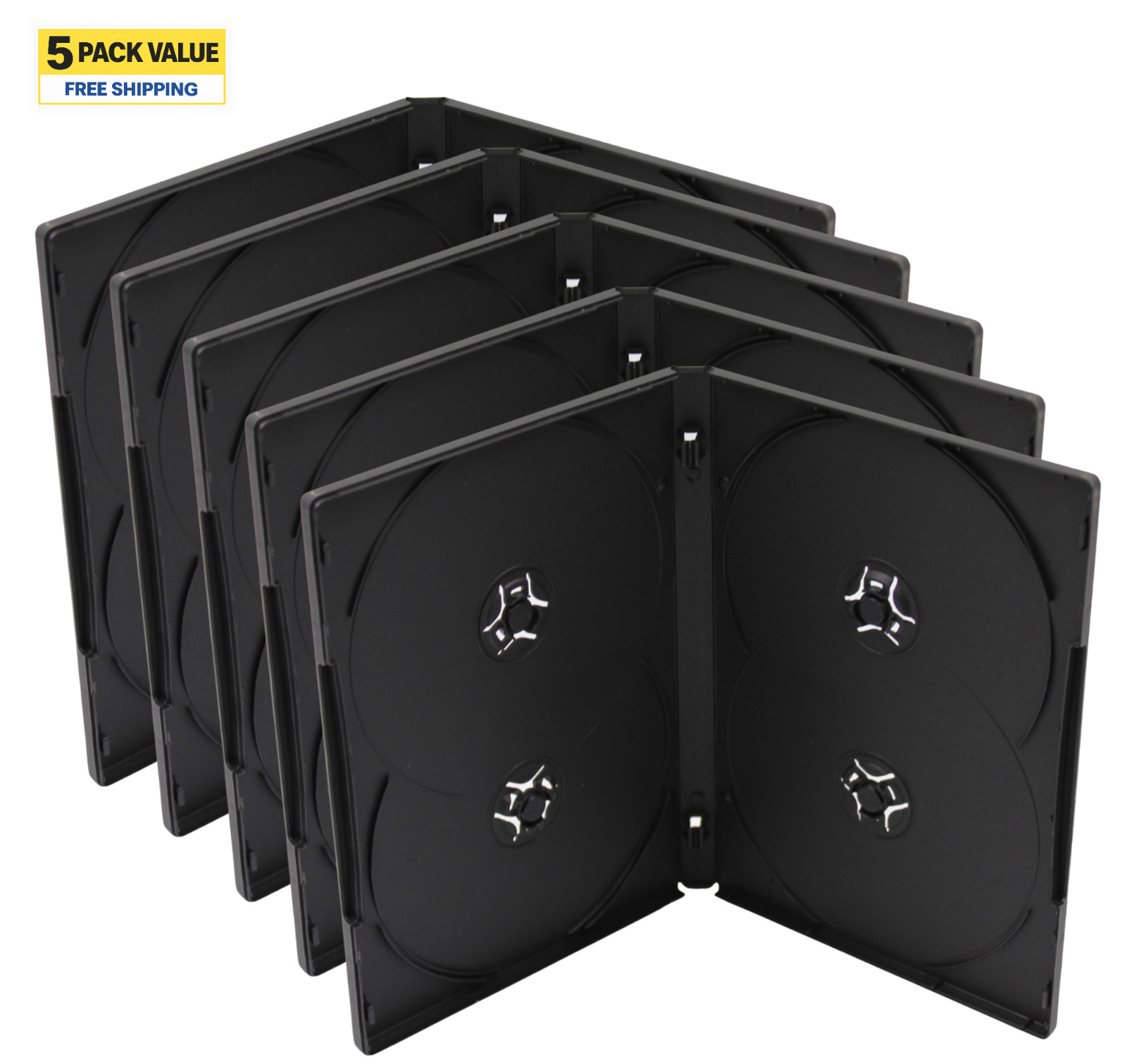 5 Pack Standard Black DVD Replacement Movie Cases 14mm 4 Disc With Clear Sleeve