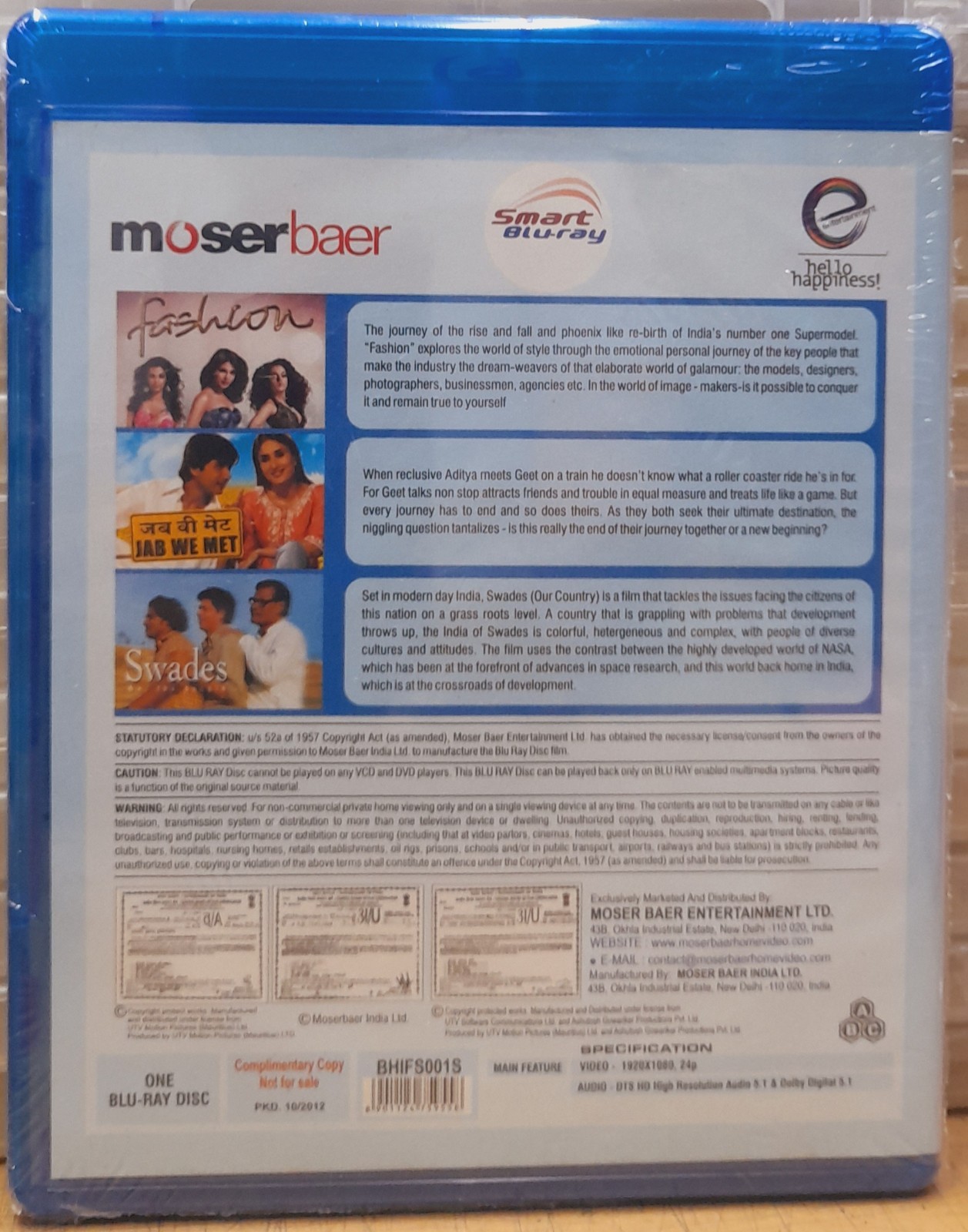 Fashion + Jab We Met + Swades – Bollywood Hindi Movie 3in1 Blu-Ray, Check Detail