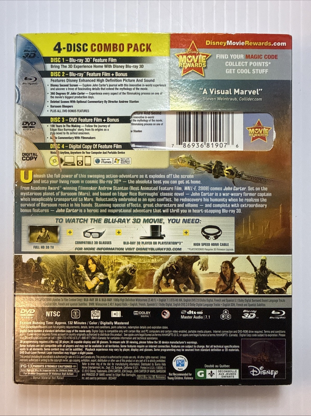 John Carter 3D Blu-ray/DVD 4-Disc NEW SEALED Lenticular Slipcover Disney OOP