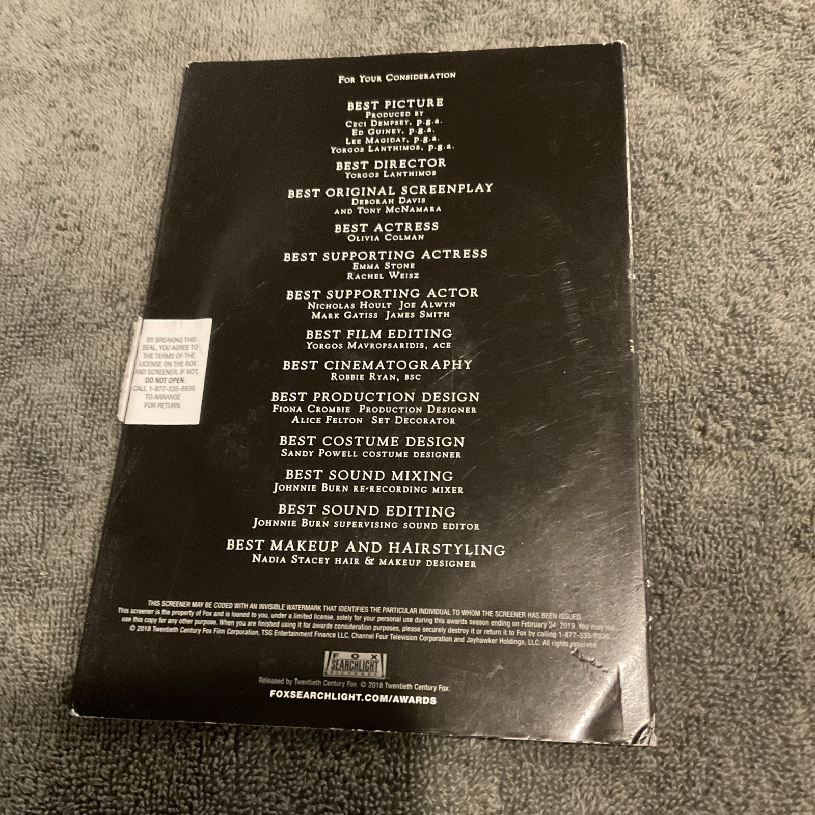 The Favourite FYC SAG Screener(DVD2018)Olivia Colman Rachel Weisz Emma Stone