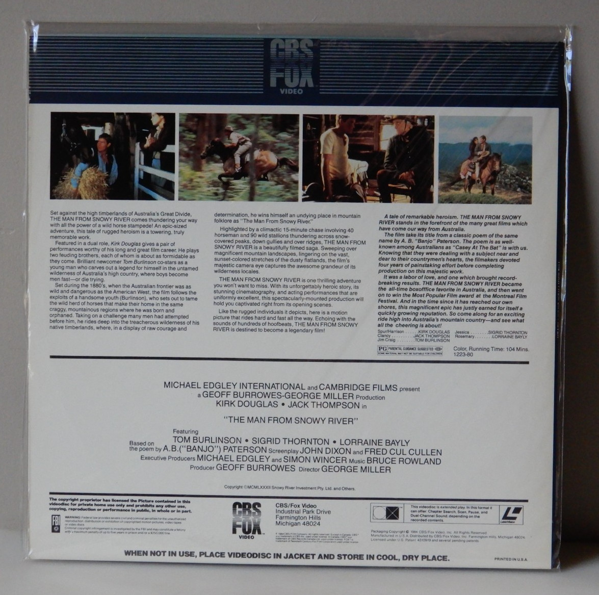 The Man from Snowy River Laserdisc 1982 Movie 104 min, Kirk Douglas (Australia)