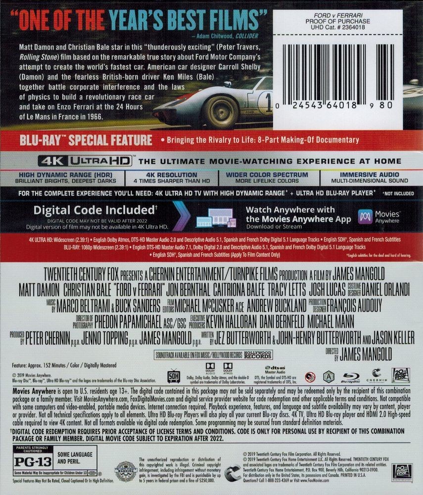 Ford V. Ferrari (4K / Blu-ray + Digital) New