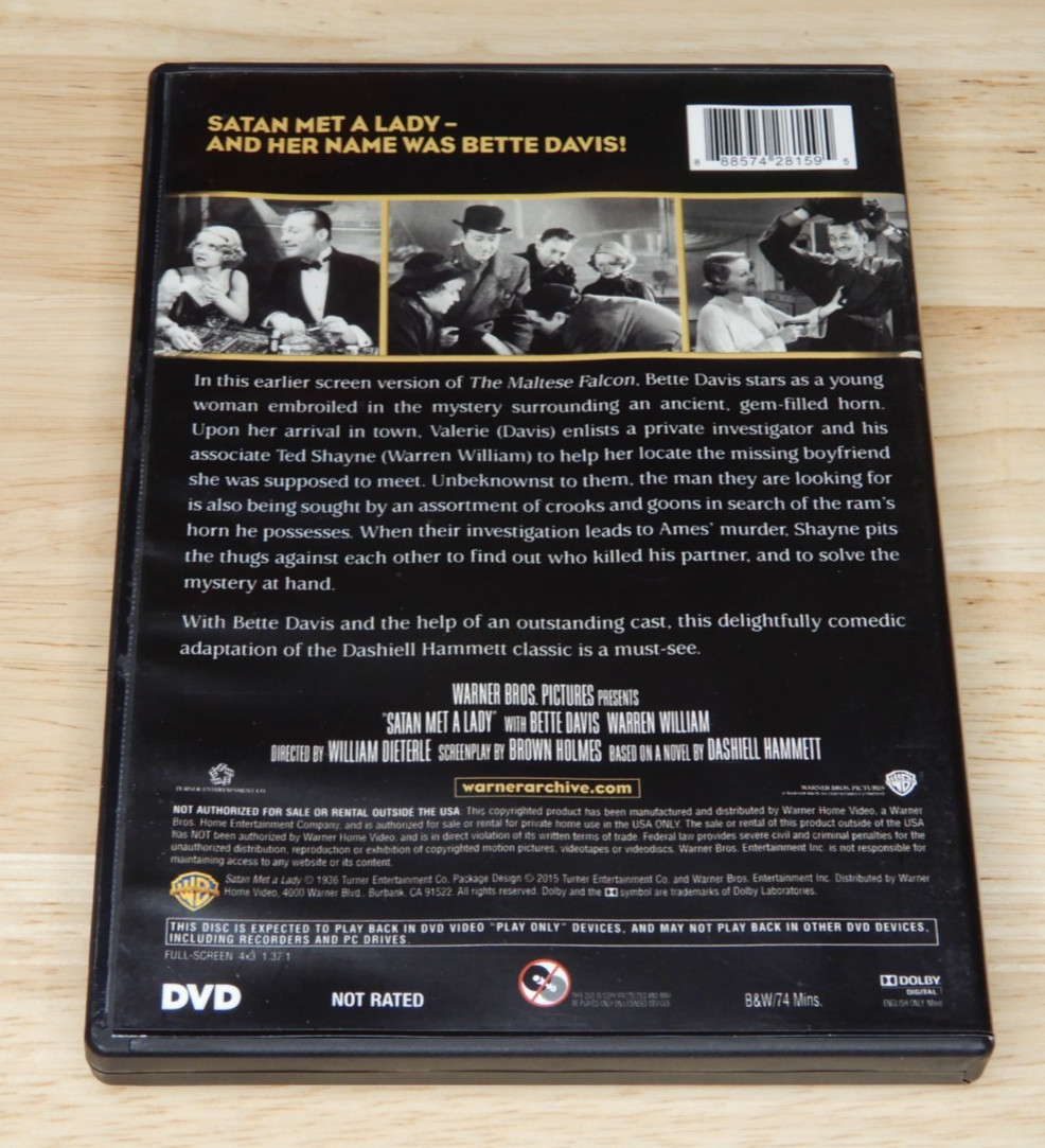 Satan Met a Lady (DVD, 1936 Film) Bette Davis, Warner Bros Archive Collection