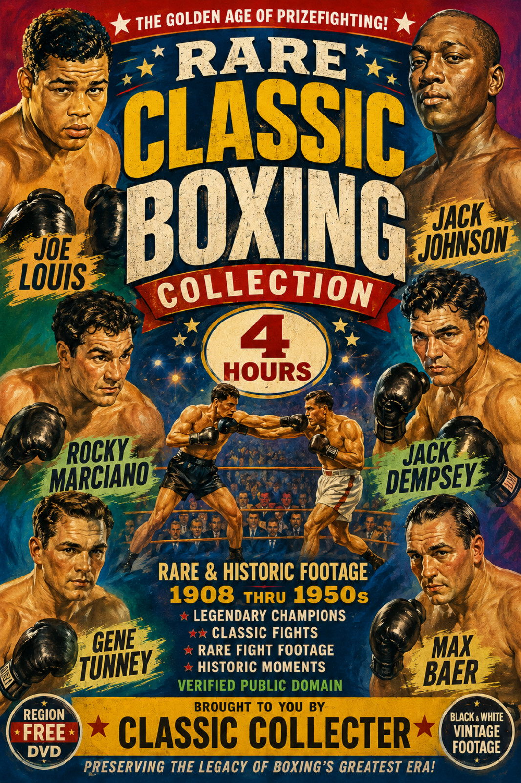 Rare Classic Boxing DVD 4 Hours Joe Louis Jack Johnson Marciano Fights