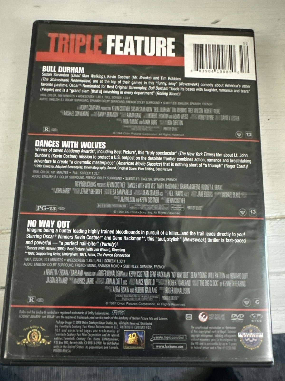 KEVIN COSTNER TRIPLE Feature DVD Bull Durham, Dances With Wolves, & No Way Out