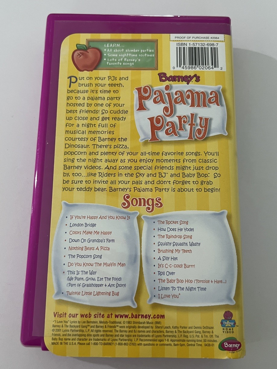 BARNEY’S PAJAMA PARTY (VHS, 2001), 50 MIN., CLAM SHELL PURPLE CASE – Preowned