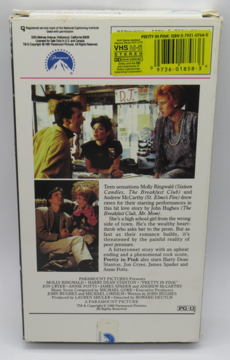 PRETTY IN PINK VHS VIDEO MOVIE, MOLLY RINGWALD, HARRY DEAN STANTON, ANNIE POTTS