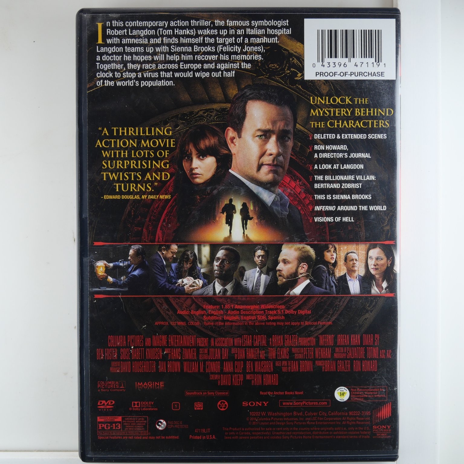 Inferno DVD 2016 Tom Hanks Felicity Jones Ron Howard Deleted Scenes